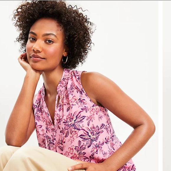 Loft Vine Shirred Tie Neck Mixed Media Shell in Floral, Shades of Pink, Size XL - Picture 10 of 17